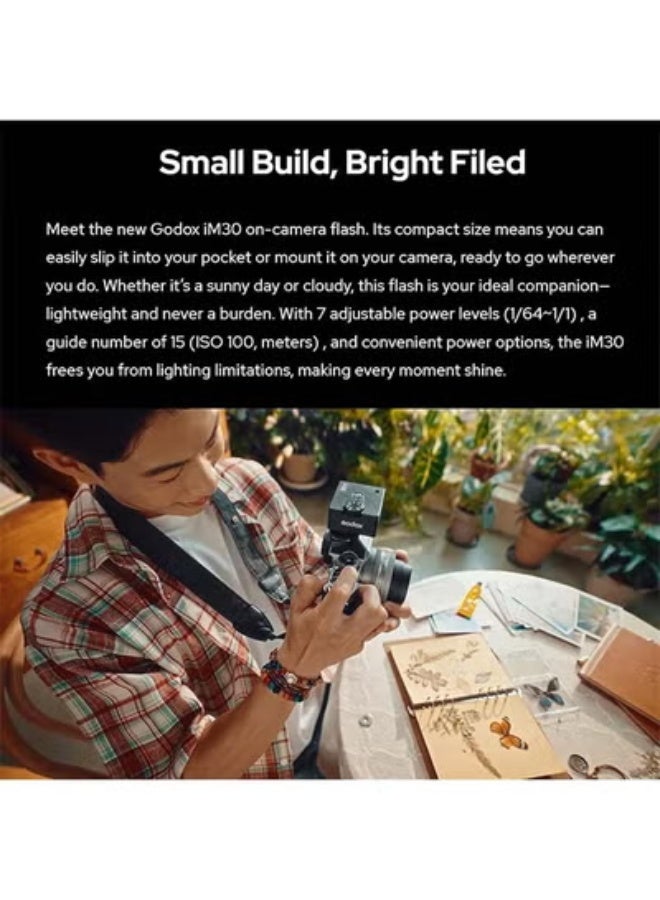 جودوكس فلاش كاميرا Godox iM30، فلاش صغير Speedlite، درجة حرارة اللون 6500 كلفن ± 200 كلفن مع تحكم بصري S1/S2، متوافق مع كاميرات فوجي، كانون، نيكون، سوني، وأوليمبوس. - Image 3