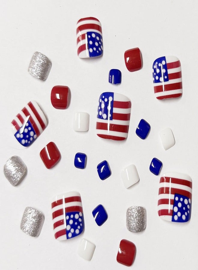 FDSQHSA 24pcs 4th of July Press on Toenails Short Square American Flag Fake Toe Nails Silver Glitter Stick on Nails Independence Day False Toenails Glossy Full Cover Glue on Nails for Women - Image 2
