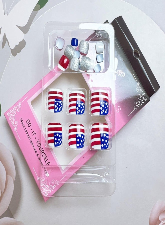 FDSQHSA 24pcs 4th of July Press on Toenails Short Square American Flag Fake Toe Nails Silver Glitter Stick on Nails Independence Day False Toenails Glossy Full Cover Glue on Nails for Women - Image 5
