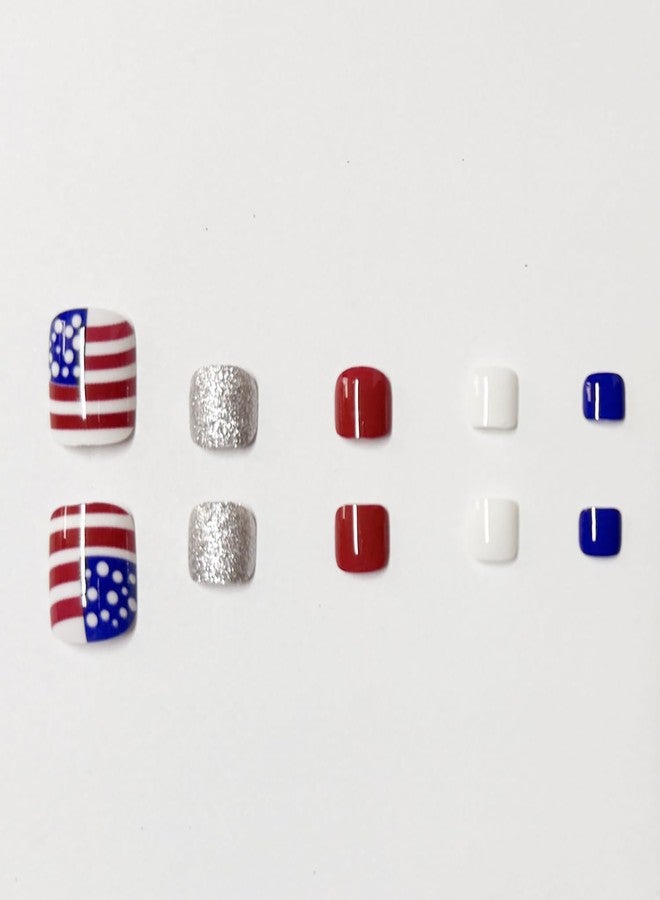 FDSQHSA 24pcs 4th of July Press on Toenails Short Square American Flag Fake Toe Nails Silver Glitter Stick on Nails Independence Day False Toenails Glossy Full Cover Glue on Nails for Women - Image 4