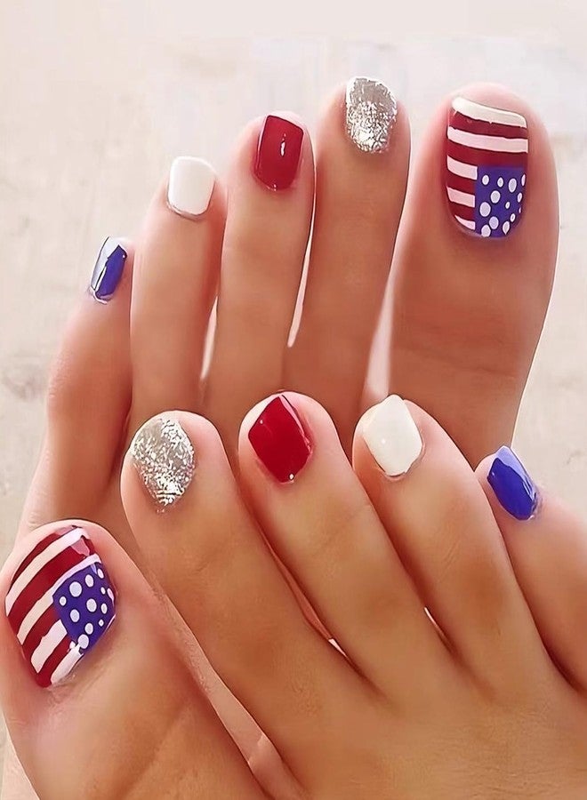 FDSQHSA 24pcs 4th of July Press on Toenails Short Square American Flag Fake Toe Nails Silver Glitter Stick on Nails Independence Day False Toenails Glossy Full Cover Glue on Nails for Women - Image 1