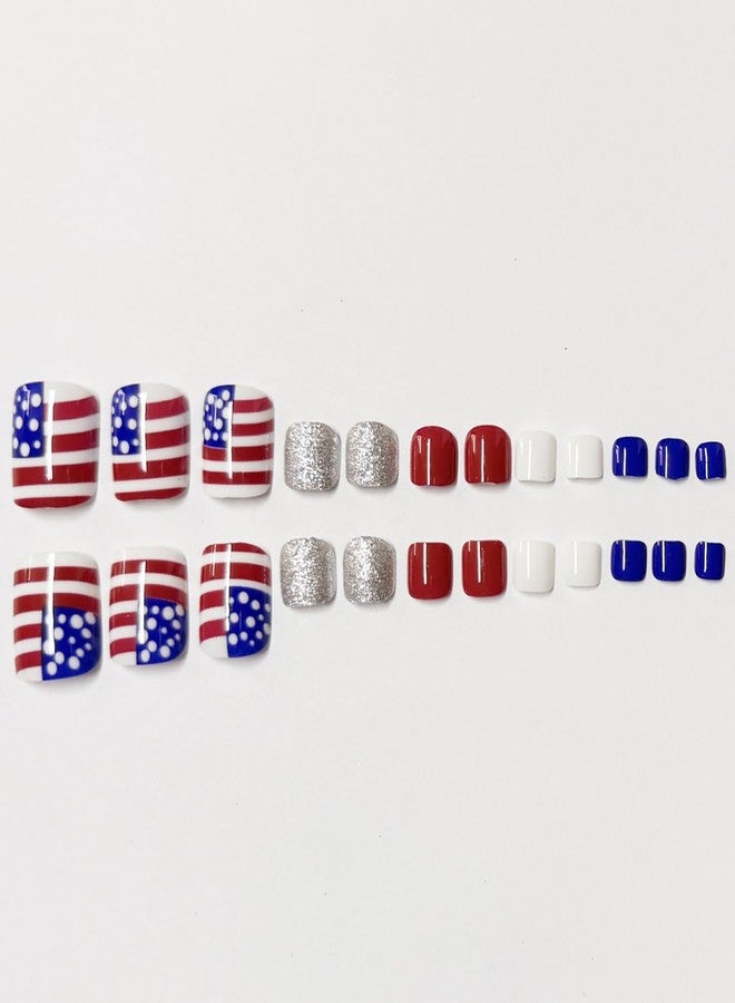 FDSQHSA 24pcs 4th of July Press on Toenails Short Square American Flag Fake Toe Nails Silver Glitter Stick on Nails Independence Day False Toenails Glossy Full Cover Glue on Nails for Women - Image 3