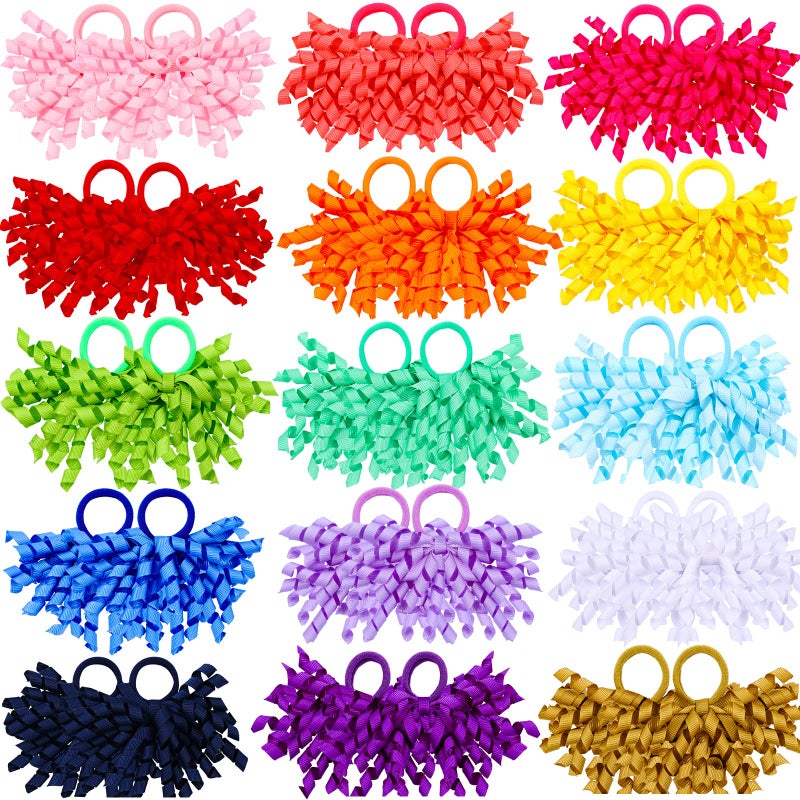 Mtlee 30 Pcs Baby Girls Curly Ribbons Korker Hair Ties Boutique Bow Elastic Rubber Bands Grosgrain Ribbon Elastic Colored Hair Bands Ponytail Holders for Toddlers Kids - Image 1