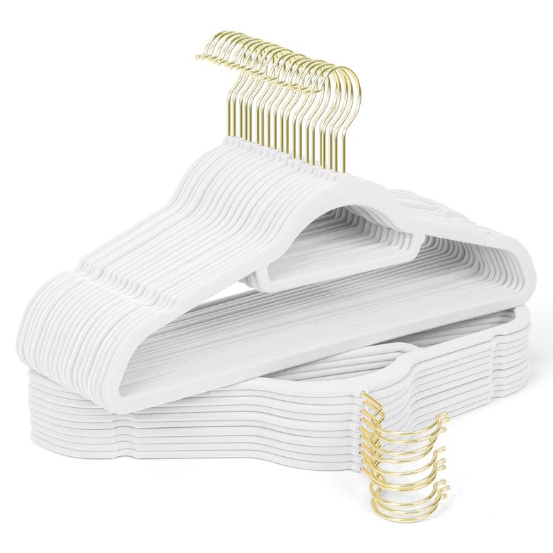 Sishynio Velvet Hangers 30 Pack with Gold Hooks, Non-Slip Slim Felt Hanger for Clothes, Heavy Duty Space Saving Flocked Hangers for Dresses, Suits, Coats & Pants(White) - Image 1