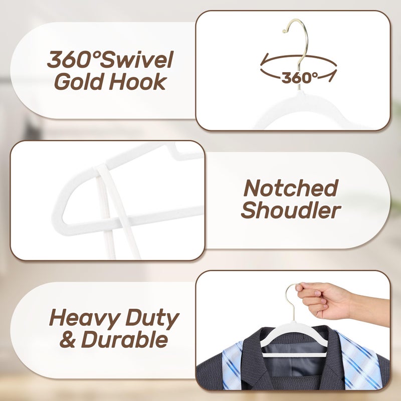 Sishynio Velvet Hangers 30 Pack with Gold Hooks, Non-Slip Slim Felt Hanger for Clothes, Heavy Duty Space Saving Flocked Hangers for Dresses, Suits, Coats & Pants(White) - Image 2