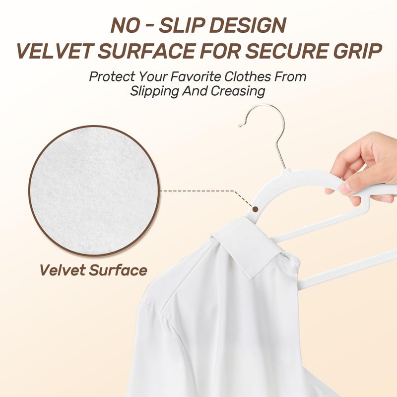 Sishynio Velvet Hangers 30 Pack with Gold Hooks, Non-Slip Slim Felt Hanger for Clothes, Heavy Duty Space Saving Flocked Hangers for Dresses, Suits, Coats & Pants(White) - Image 3