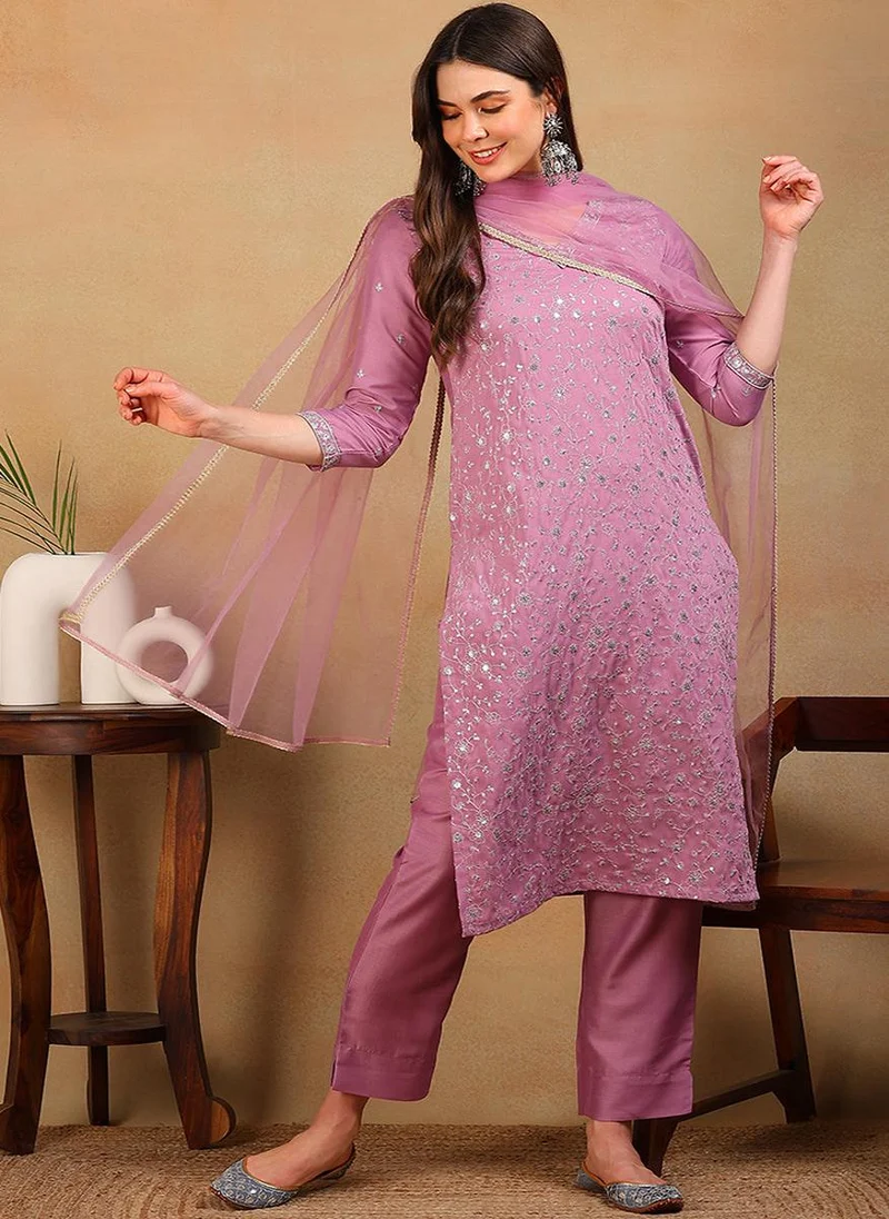 ZERESOUQ Lavender Silk Blend Solid Embroidered 3-Piece Kurta Set