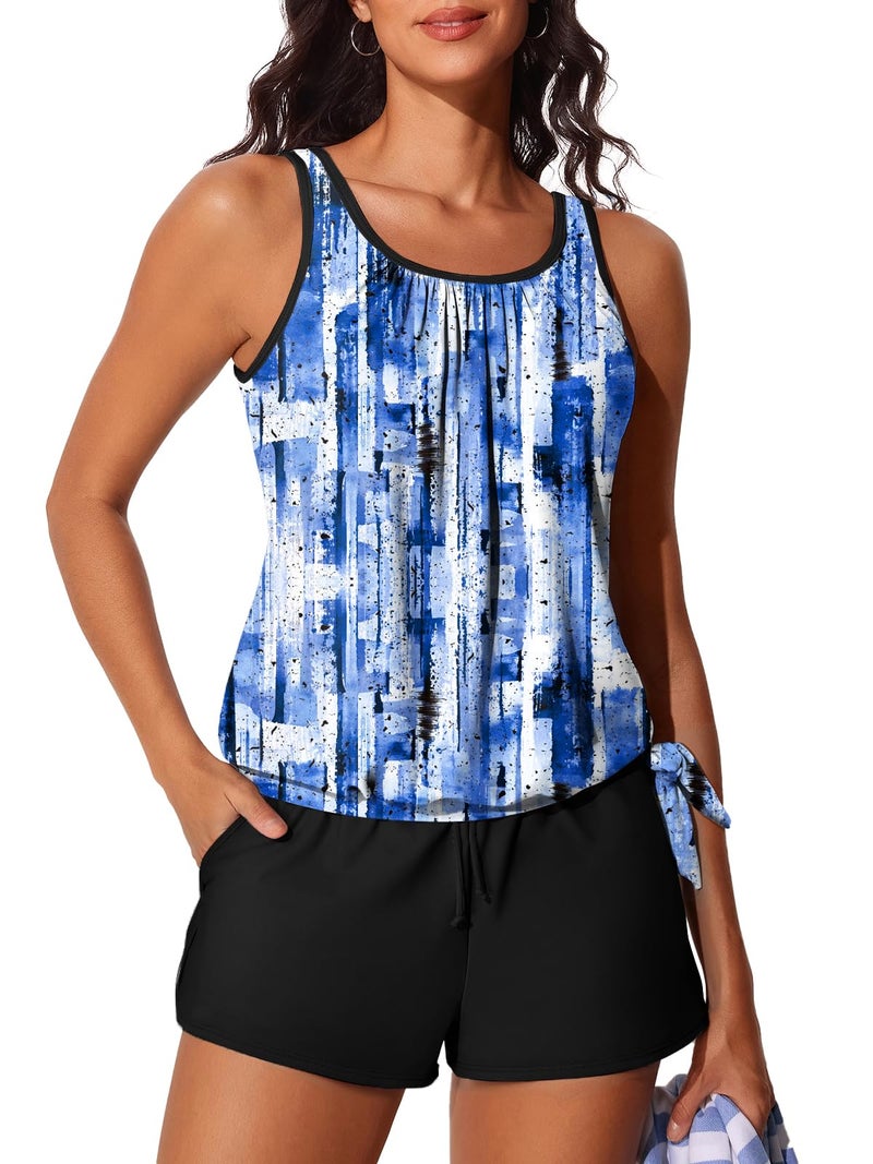 Summer Mae Blouson Womenâ€™s Tankini Swimsuits with Shorts Tummy Control Bathing Suits Side Pockets Abstract Ink Blue Large 2026 - Image 1
