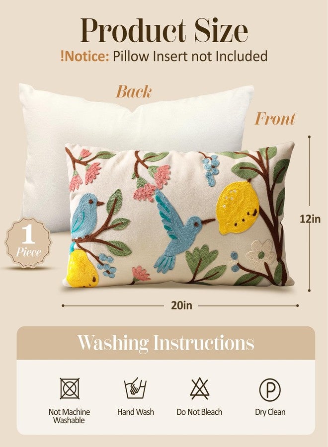 Kokaaee Embroidered Lumbar Pillow Covers 20x12 Inch - Summer Boho Decorative Pillow Cover with Zipper for Living Room Couch Sofa Bed Aesthetic Design Bird Lemon Linen Cushion Pillowcase - Image 4