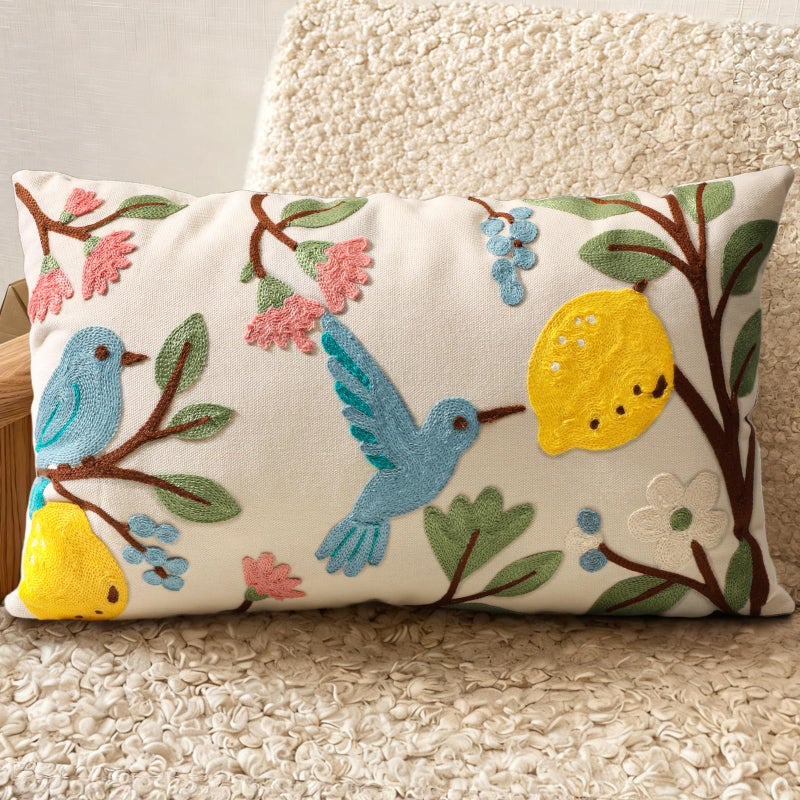 Kokaaee Embroidered Lumbar Pillow Covers 20x12 Inch - Summer Boho Decorative Pillow Cover with Zipper for Living Room Couch Sofa Bed Aesthetic Design Bird Lemon Linen Cushion Pillowcase - Image 1