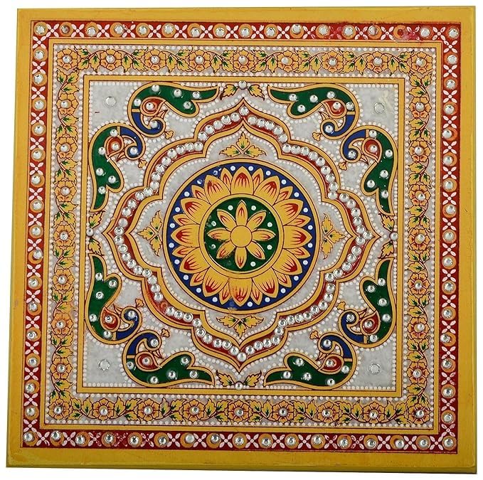 IMAGICART Marble Meenakari Puja ChowkiBajotPeeta Handcrafted Decorative Square Marble Chowki Home Decor 19 cm x 19 cm x 8 cm - Image 4