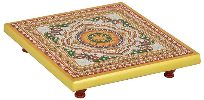 IMAGICART Marble Meenakari Puja ChowkiBajotPeeta Handcrafted Decorative Square Marble Chowki Home Decor 19 cm x 19 cm x 8 cm - Image 1