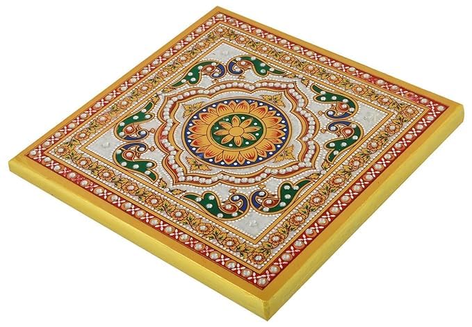 IMAGICART Marble Meenakari Puja ChowkiBajotPeeta Handcrafted Decorative Square Marble Chowki Home Decor 19 cm x 19 cm x 8 cm - Image 3