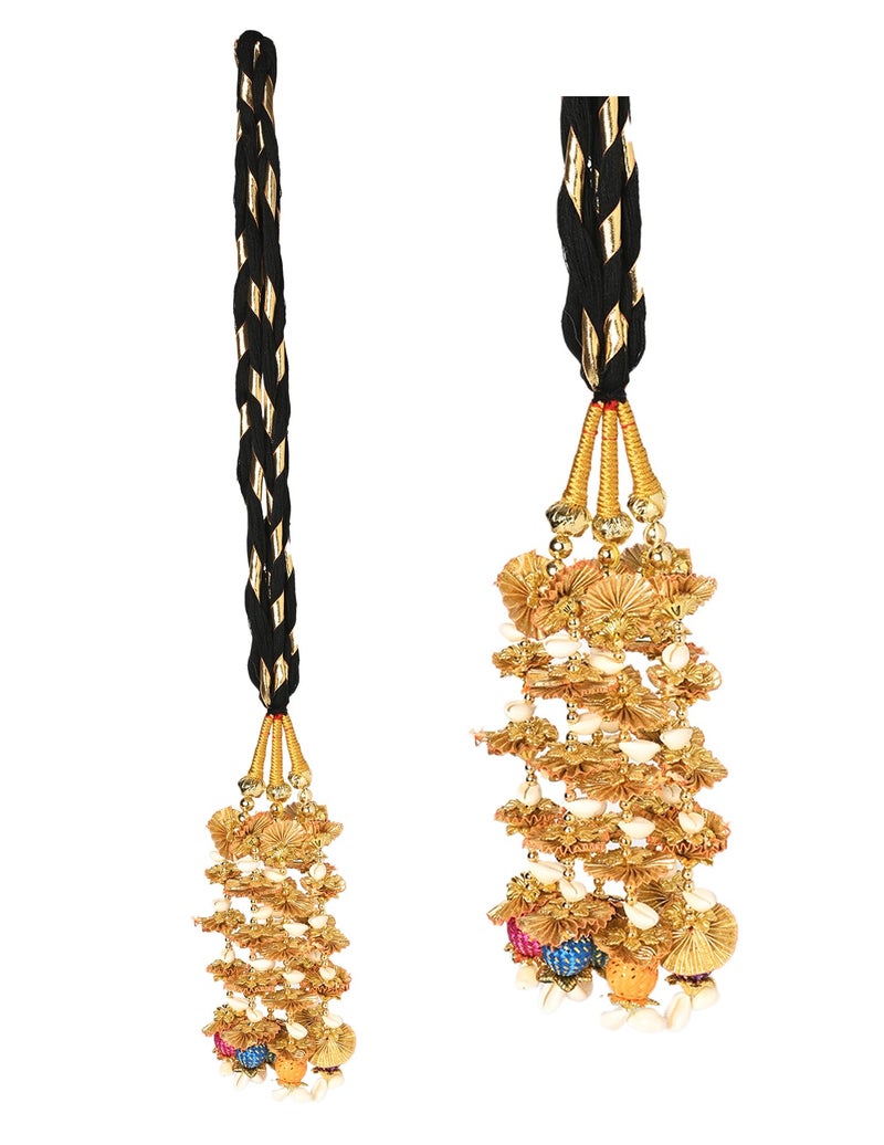 VTN Women's Patiala Shahi Parandi/Paranda Traditional Hair Accessory Braid Tassles/Hair Extension/Choti (Black with Golden Color Hangings & Multicolor Balls) - Image 1