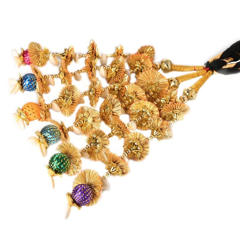 VTN Women's Patiala Shahi Parandi/Paranda Traditional Hair Accessory Braid Tassles/Hair Extension/Choti (Black with Golden Color Hangings & Multicolor Balls) - Image 3