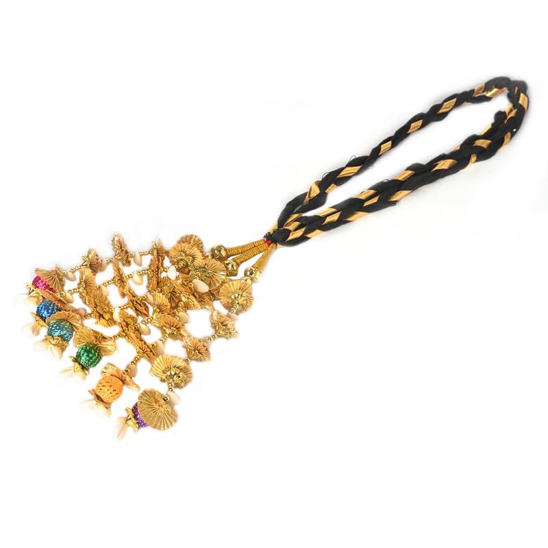 VTN Women's Patiala Shahi Parandi/Paranda Traditional Hair Accessory Braid Tassles/Hair Extension/Choti (Black with Golden Color Hangings & Multicolor Balls) - Image 5
