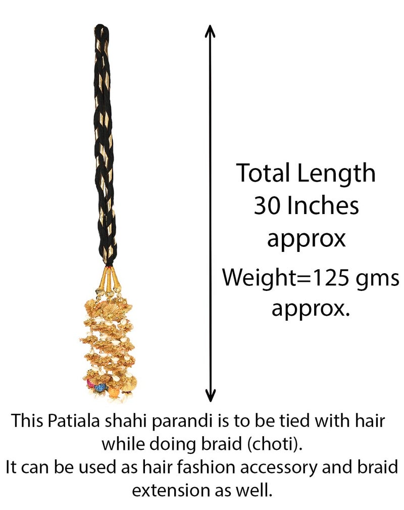 VTN Women's Patiala Shahi Parandi/Paranda Traditional Hair Accessory Braid Tassles/Hair Extension/Choti (Black with Golden Color Hangings & Multicolor Balls) - Image 2