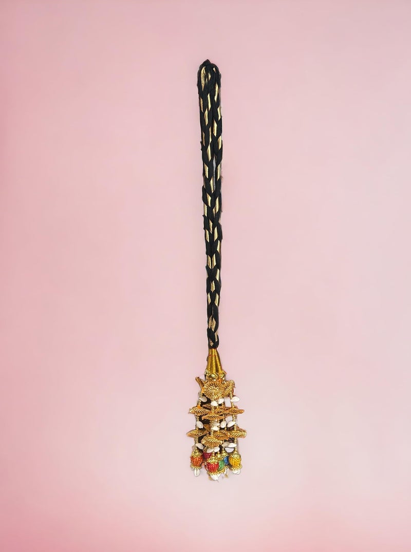 VTN Women's Patiala Shahi Parandi/Paranda Traditional Hair Accessory Braid Tassles/Hair Extension/Choti (Black with Golden Color Hangings & Multicolor Balls) - Image 4