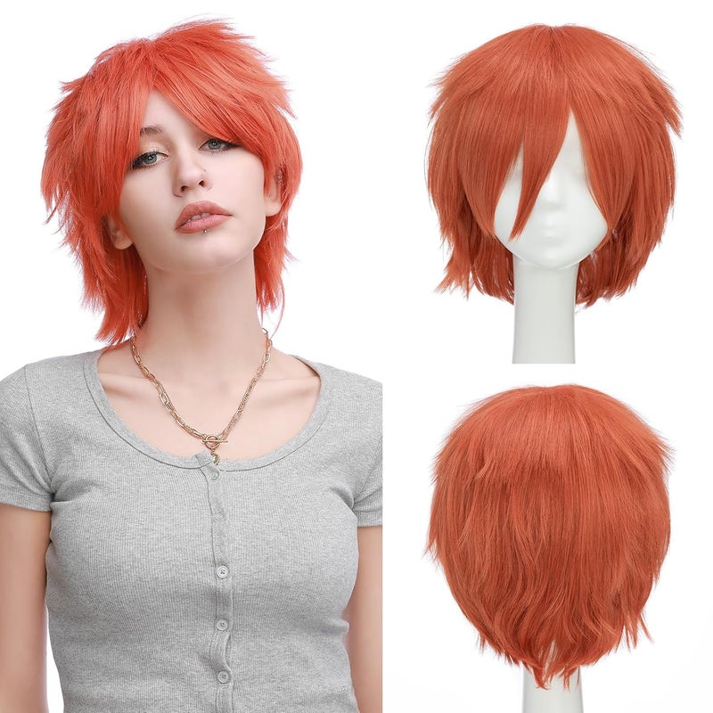 S-noilite Women Mens Male Short Cosplay Wigs Fluffy Layered Straight Unisex Orange Anime Party Costume Synthetic Full Hair Wig Oblique Bangs - Image 1