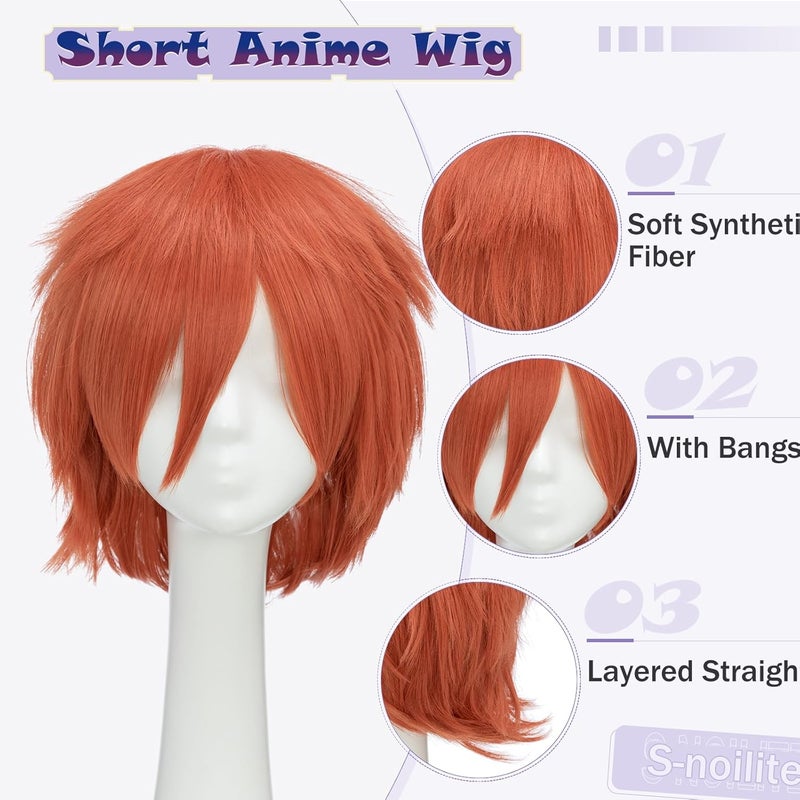 S-noilite Women Mens Male Short Cosplay Wigs Fluffy Layered Straight Unisex Orange Anime Party Costume Synthetic Full Hair Wig Oblique Bangs - Image 3