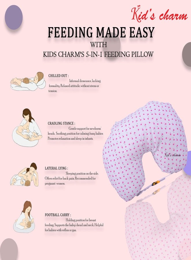 Kid's Charm وسادة رضاعة الأطفال حديثي الولادة من كيدز تشارم، بتصميم قلب صغير محمول، 6 في 1، مناسبة للأطفال من عمر 0 إلى 4 أشهر، مزودة بغطاء قابل للإزالة، مصنوعة من القطن (لون وردي). - Image 4