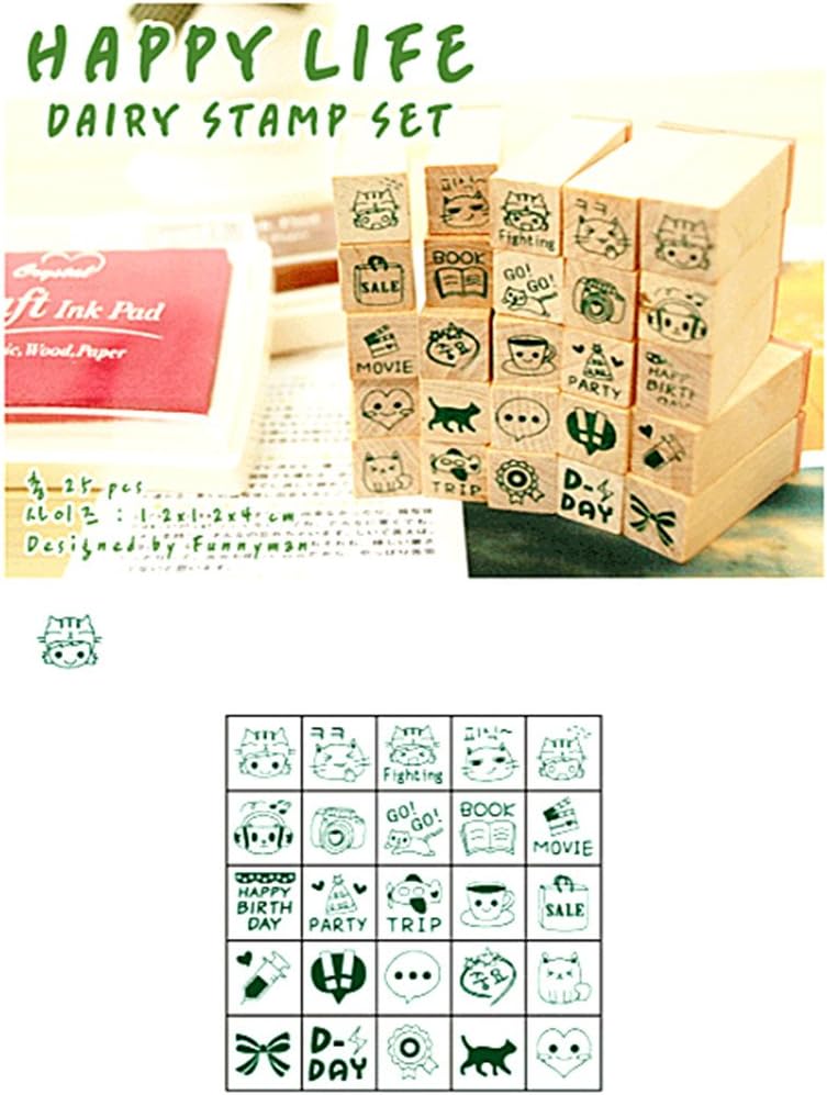 ALIMITOPIA Diary Stamp Set,Wooden Rubber Signet for Children DIY Scrapbooking Card Making(25pcs,Happy Life) - Image 3