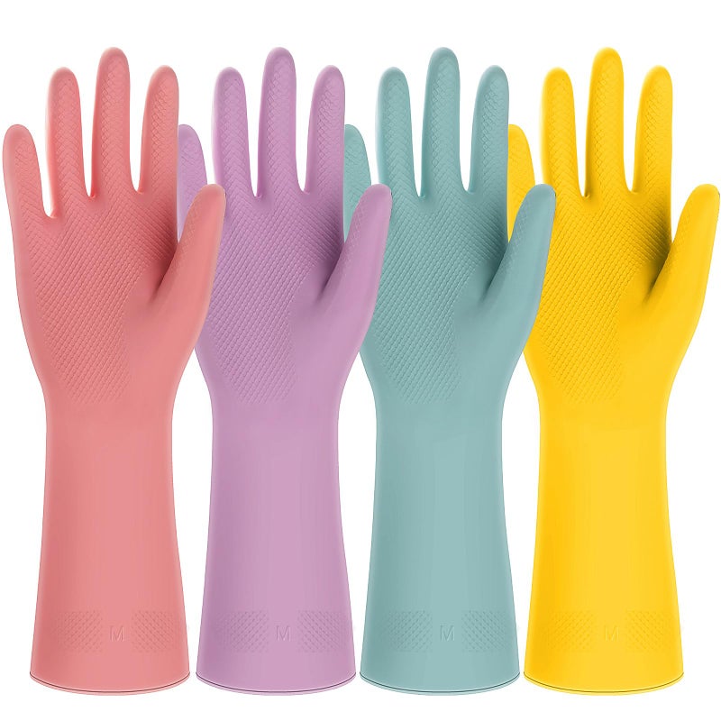 Likealot 4 Pairs Rubber Kitchen Dishwashing Gloves - Colorful Reusable Household Cleaning Gloves Outdoor Chores for Women & Men (Medium) - Image 1