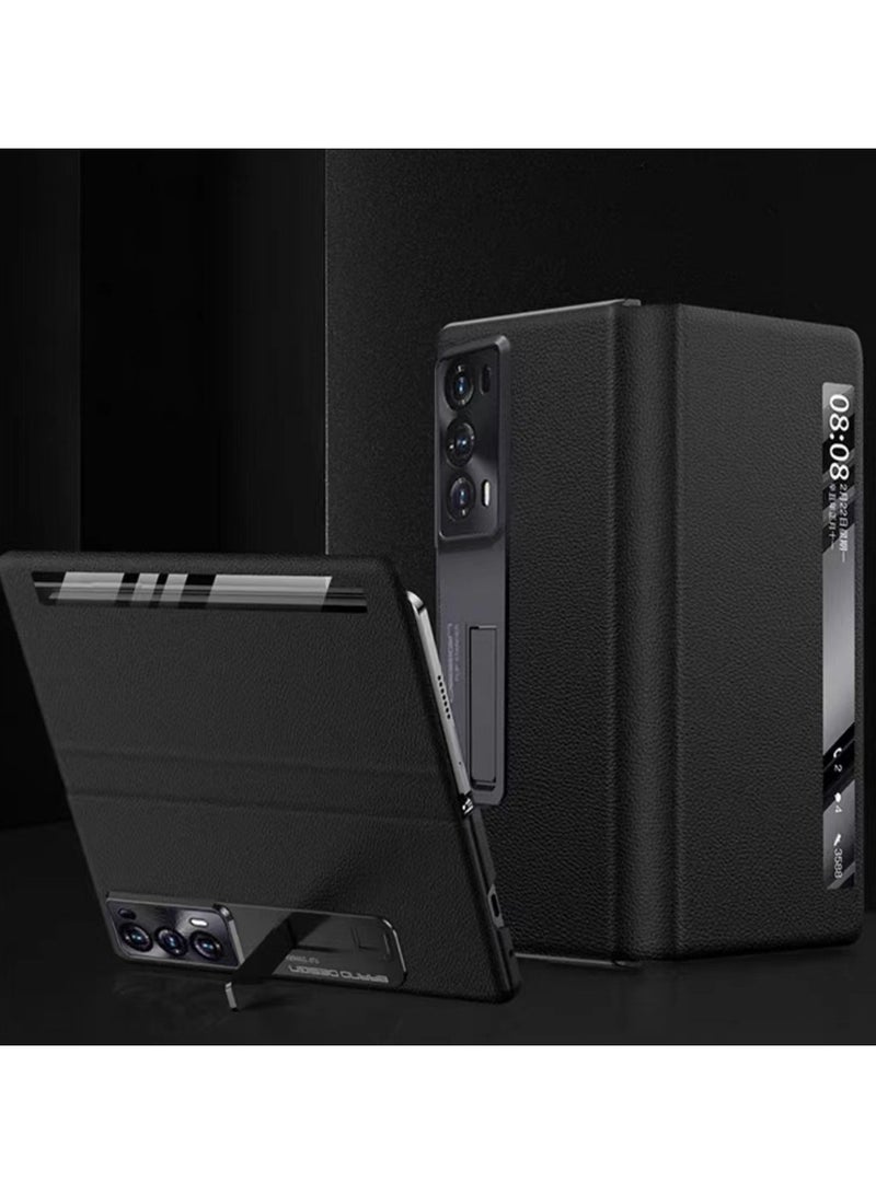 حافظة متوافقة مع Huawei Honor Magic V2 5G من الجلد الفاخر مع لمسة ذكية ونوافذ قابلة للإمالة ودعامة لحماية Honor Magic V2 - Image 5
