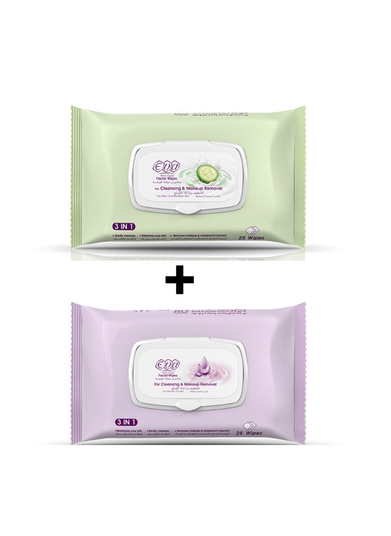 Eva 2-Piece set Cleansing & Makeup Removal Facial Wipes For All Skin Types  ( 2 X 25 Wipes)  - Image 1