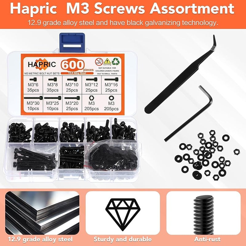 Hapric 600 Pcs M3 Screws Assortment Kit, M3x 6/8/10/12/16/20/25/30mm M3 Screw Kits 12.9 Alloy Steel Nuts and Bolts Assortment Kit Black Zinc Plated Hex Socket Head Screws Nuts Bolts and Washers Set - Image 4