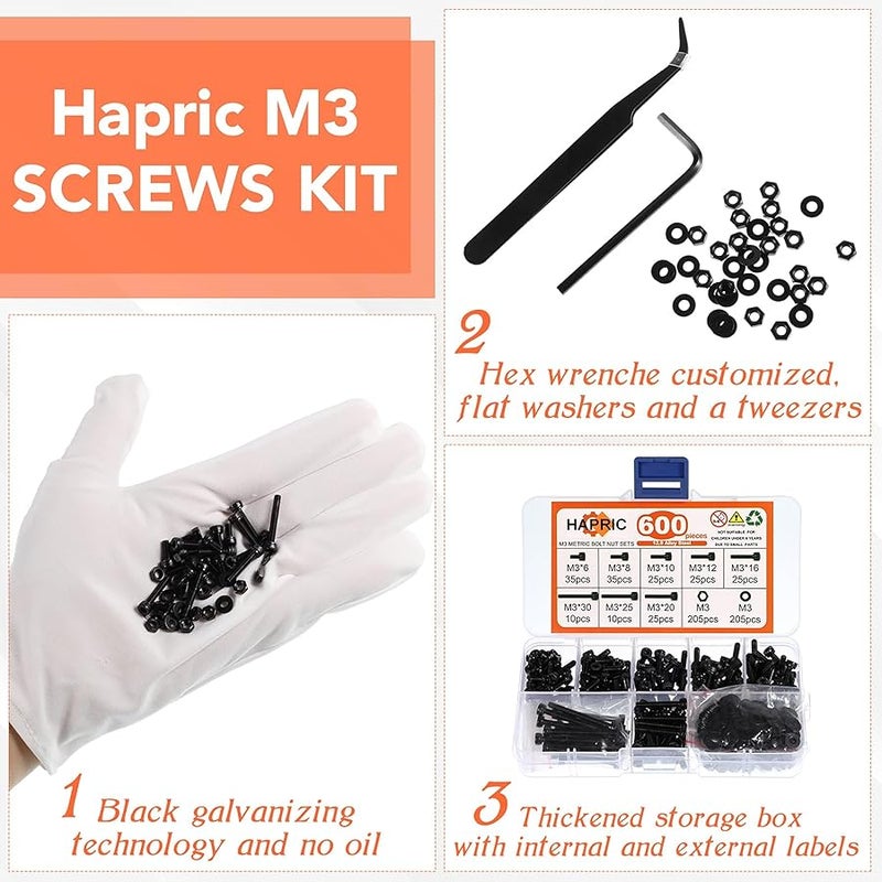 Hapric 600 Pcs M3 Screws Assortment Kit, M3x 6/8/10/12/16/20/25/30mm M3 Screw Kits 12.9 Alloy Steel Nuts and Bolts Assortment Kit Black Zinc Plated Hex Socket Head Screws Nuts Bolts and Washers Set - Image 5