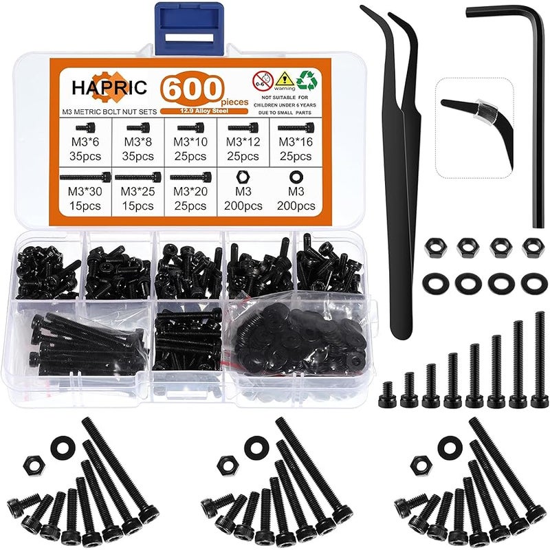 Hapric 600 Pcs M3 Screws Assortment Kit, M3x 6/8/10/12/16/20/25/30mm M3 Screw Kits 12.9 Alloy Steel Nuts and Bolts Assortment Kit Black Zinc Plated Hex Socket Head Screws Nuts Bolts and Washers Set - Image 1