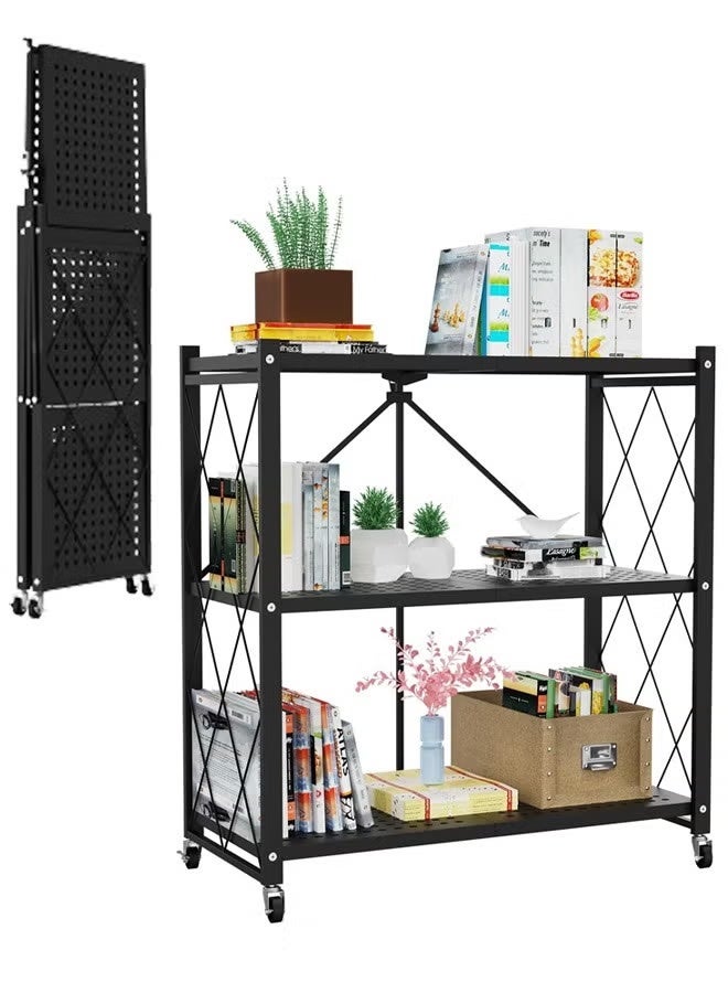 Nadrab Foldable Storage Shelf with Wheels Metal Collapsible Shelving Unit Display Rolling Cart for Books Kitchen Storage Shelves Pantry & Closet Organizer Office Room Decor (Black 3-Tier) - Image 1