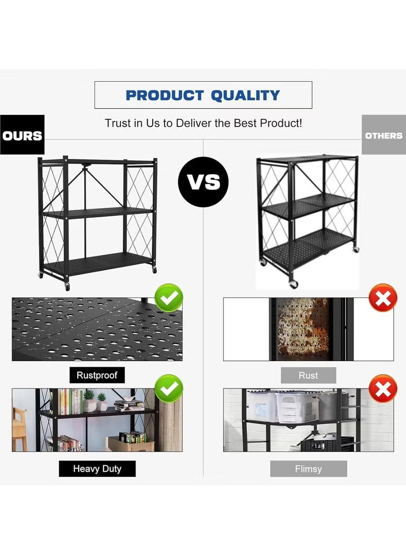 Nadrab Foldable Storage Shelf with Wheels Metal Collapsible Shelving Unit Display Rolling Cart for Books Kitchen Storage Shelves Pantry & Closet Organizer Office Room Decor (Black 3-Tier) - Image 5