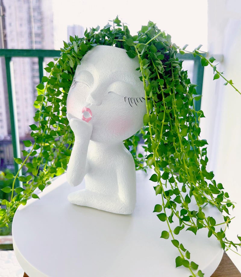 EylbKey Handmade Face Flower Pots Standing Air Kiss Head Planter Pot for Trailing Plants Cute Succulent Planter Resin Planters Funny Face Planters with Anti-Friction Pads White 1Pack - Image 3