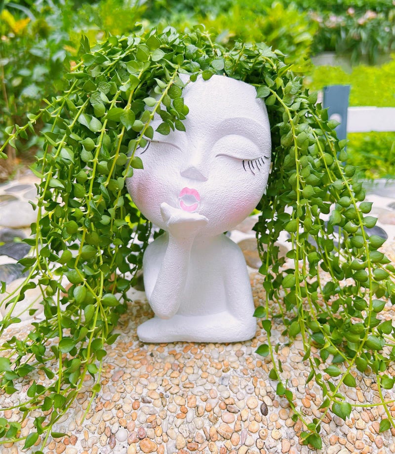 EylbKey Handmade Face Flower Pots Standing Air Kiss Head Planter Pot for Trailing Plants Cute Succulent Planter Resin Planters Funny Face Planters with Anti-Friction Pads White 1Pack - Image 1