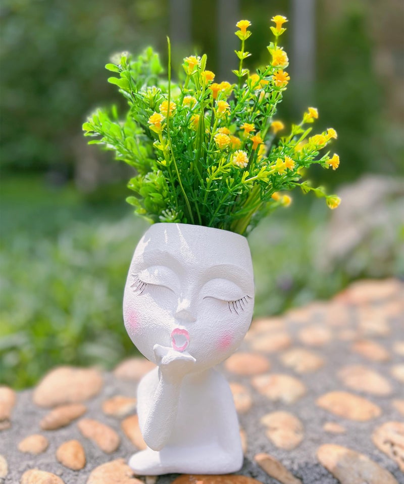 EylbKey Handmade Face Flower Pots Standing Air Kiss Head Planter Pot for Trailing Plants Cute Succulent Planter Resin Planters Funny Face Planters with Anti-Friction Pads White 1Pack - Image 4