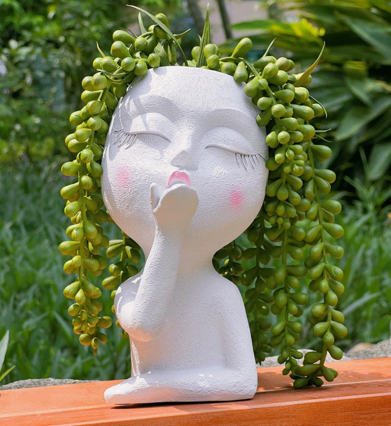 EylbKey Handmade Face Flower Pots Standing Air Kiss Head Planter Pot for Trailing Plants Cute Succulent Planter Resin Planters Funny Face Planters with Anti-Friction Pads White 1Pack - Image 5