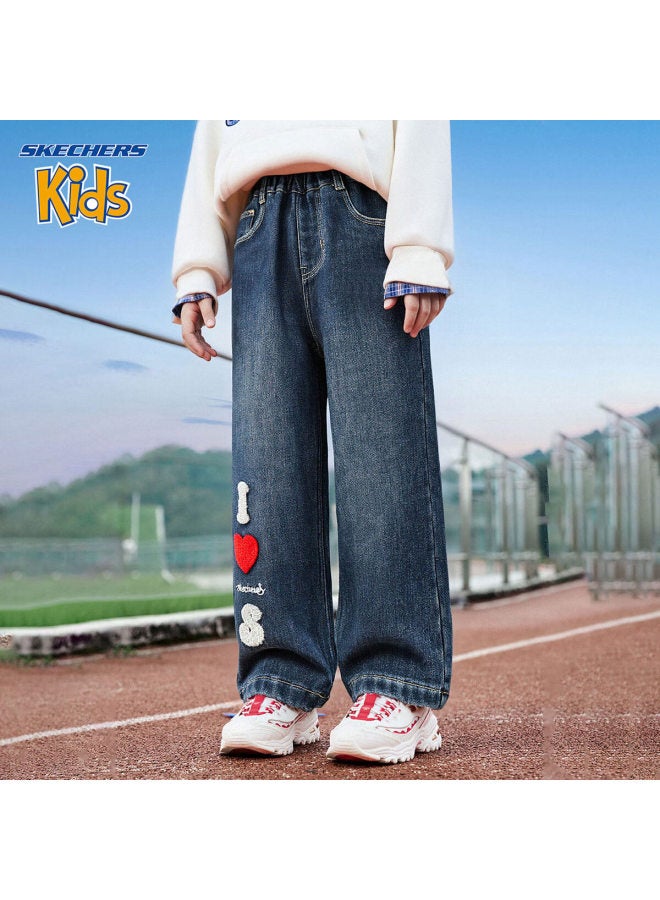 Skechers Kids Girls Fleece-lined Denim Jeans Blue Night 150 - Image 1