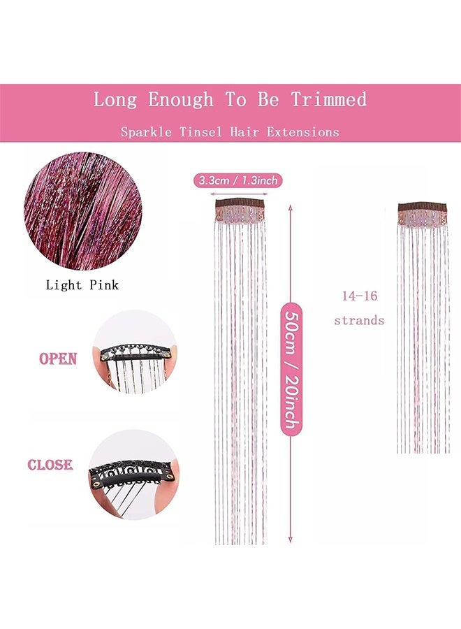 Hair Tinsel Clip in Tinsel Hair Extensions Light Pink Fairy Glitter Hair Tinsel Kit for Women Heat Resistant 21.5In 12Pcs Festival Accessories for Party,  New Year, Cosplay - Image 2