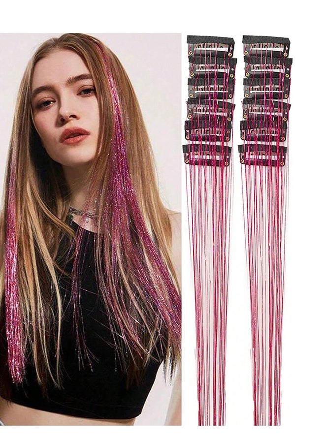 Hair Tinsel Clip in Tinsel Hair Extensions Light Pink Fairy Glitter Hair Tinsel Kit for Women Heat Resistant 21.5In 12Pcs Festival Accessories for Party,  New Year, Cosplay - Image 1