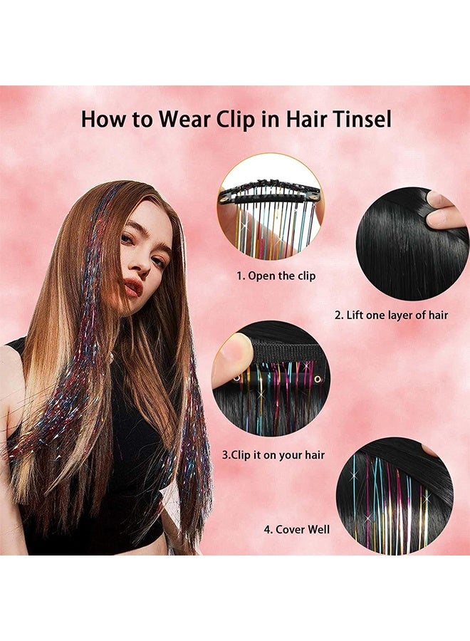 Hair Tinsel Clip in Tinsel Hair Extensions Light Pink Fairy Glitter Hair Tinsel Kit for Women Heat Resistant 21.5In 12Pcs Festival Accessories for Party,  New Year, Cosplay - Image 3