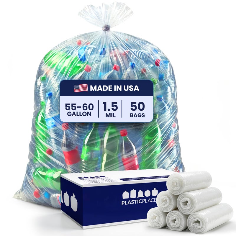 Plasticplace Heavy Duty 55-60 Gallon Trash Bags â€“ Clear Garbage Can Liners (38â€ x 58â€) â€“ Durable Multiuse, Puncture-Resistant, 50 Count â€“ Ideal for Kitchens, Warehouses and Recycling Trashbags 1.5 Mil - Image 1