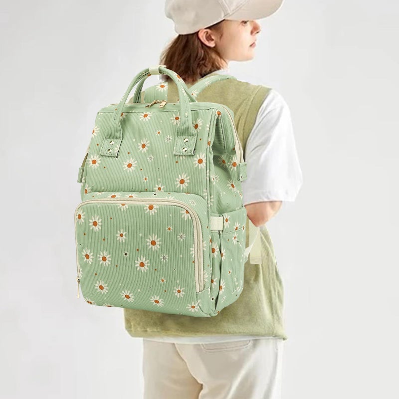Yusudan Corduroy Diaper Bag Backpack for Baby Girls Boys, Women Large Nappy Bags for Mom (Green Corduroy Daisy) - Image 2