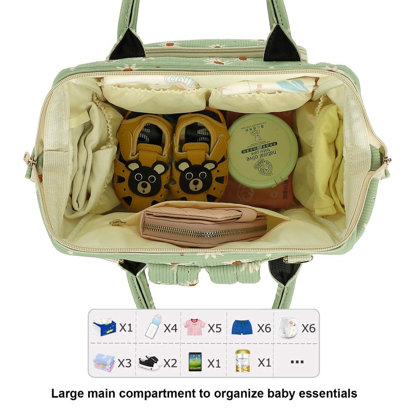Yusudan Corduroy Diaper Bag Backpack for Baby Girls Boys, Women Large Nappy Bags for Mom (Green Corduroy Daisy) - Image 5