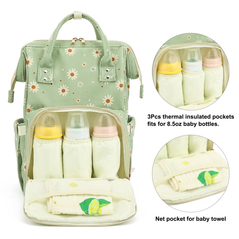 Yusudan Corduroy Diaper Bag Backpack for Baby Girls Boys, Women Large Nappy Bags for Mom (Green Corduroy Daisy) - Image 3