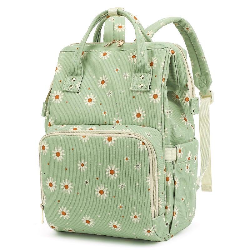 Yusudan Corduroy Diaper Bag Backpack for Baby Girls Boys, Women Large Nappy Bags for Mom (Green Corduroy Daisy) - Image 1