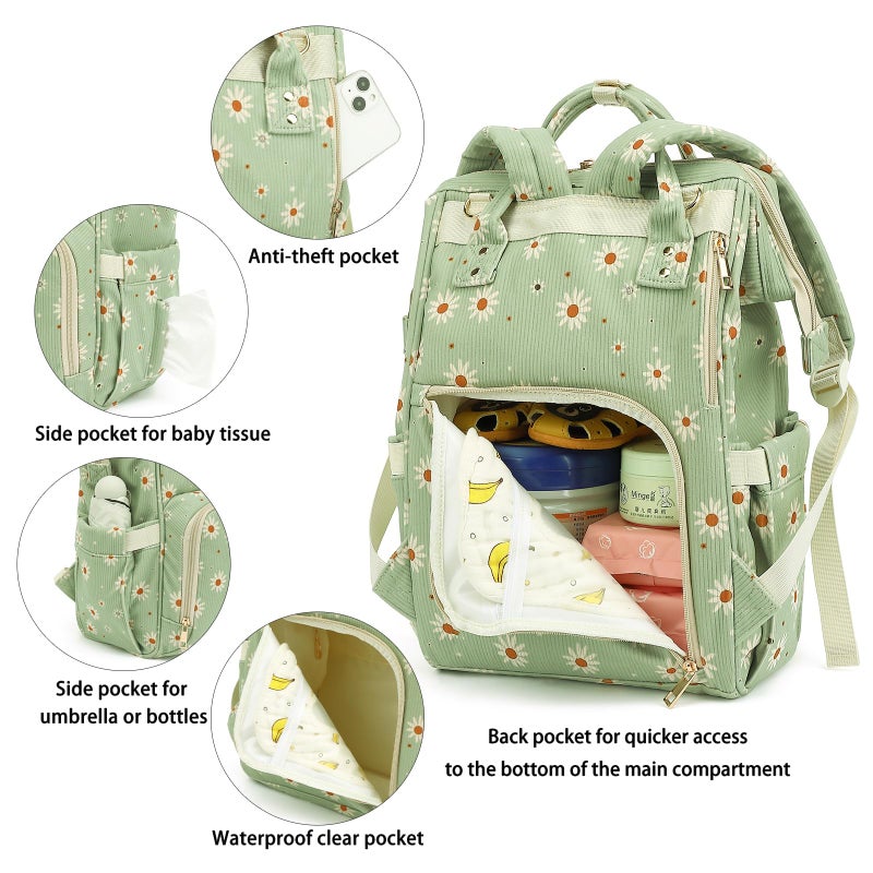 Yusudan Corduroy Diaper Bag Backpack for Baby Girls Boys, Women Large Nappy Bags for Mom (Green Corduroy Daisy) - Image 4