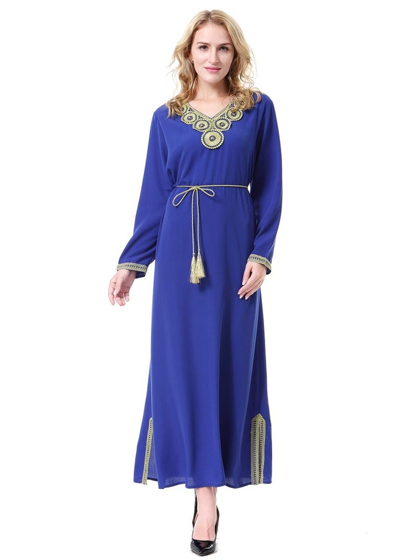Loquat Women's V-Neck Long Sleeve Applique Maxi Long Dress Robe With Belt Blue  - Image 1
