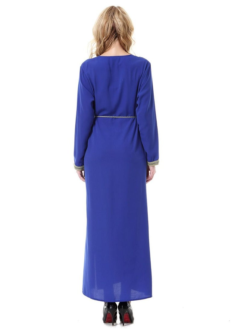 Loquat Women's V-Neck Long Sleeve Applique Maxi Long Dress Robe With Belt Blue  - Image 3